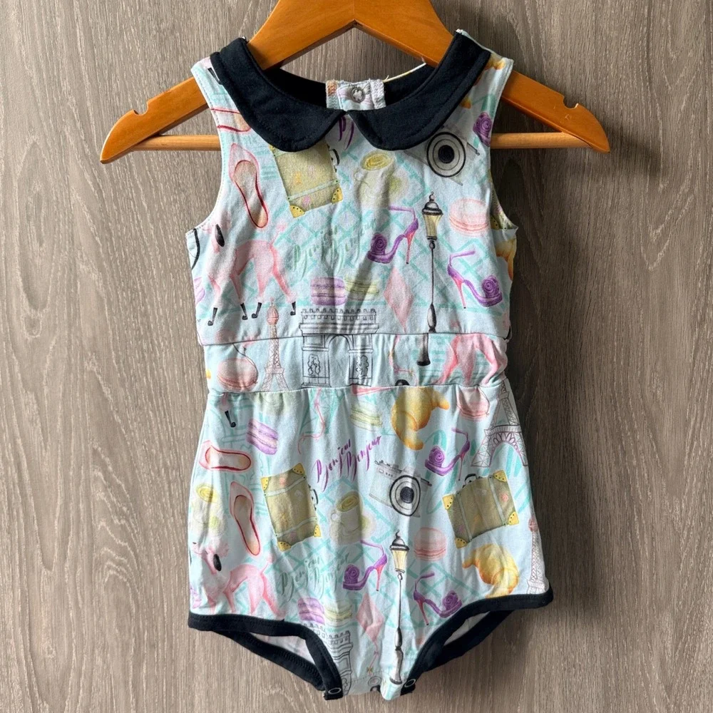 Birdie Bean Romper Girl 12-18 Months Blue Paris Poodle Bamboo French Chic Bubble